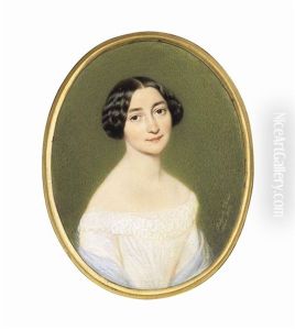 A Young Lady, In White Off-the-shoulders Dress, Blue Shawl, Dark Centre-parted Upswept Hair