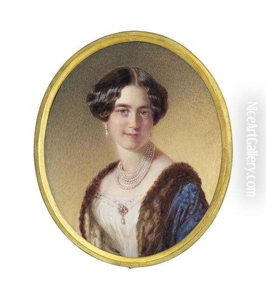 Archduchess Marie Karoline Of Austria (1825-1915), In White Dress And Fur-lined Blue Coat, Five Strands Of Pearls, Pearl Brooch And Pearl Drop-earrings, Upswept Centre-parted Hair - view 1