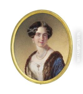 Archduchess Marie Karoline Of Austria (1825-1915), In White Dress And Fur-lined Blue Coat, Five Strands Of Pearls, Pearl Brooch And Pearl Drop-earrings, Upswept Centre-parted Hair