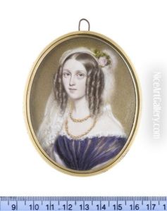 A Lady, Wearing Purple Dress, With White Lace Trim, A Pink Stole Draped Around Her Arms, Gold Necklace, Her Hair Parted And Curled In Ringlets...