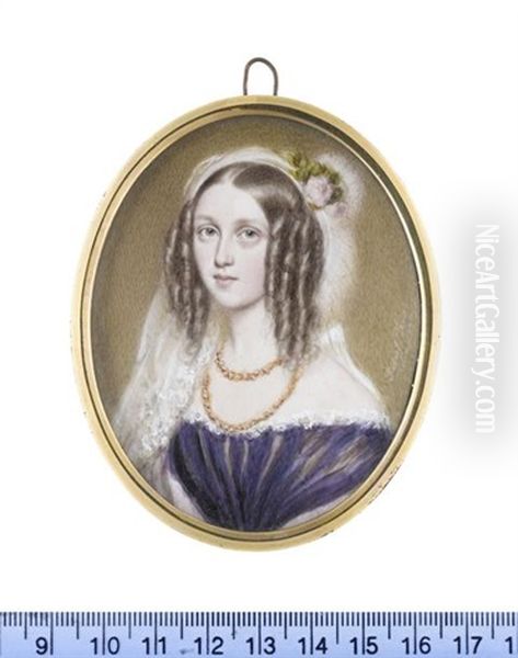 A Lady, Wearing Purple Dress, With White Lace Trim, A Pink Stole Draped Around Her Arms, Gold Necklace, Her Hair Parted And Curled In Ringlets Framing Her... - view 1