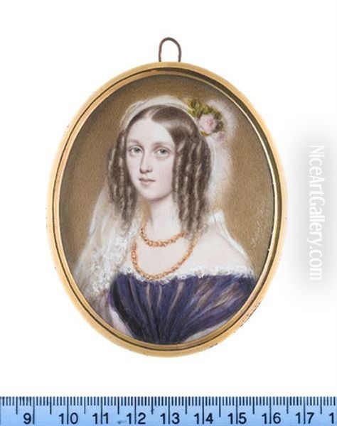 A Lady, Wearing Purple Dress, With White Lace Trim, A Pink Stole Draped Around Her Arms, Gold Necklace, Her Hair Parted And Curled In Ringlets Framing Her Face - view 1