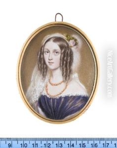 A Lady, Wearing Purple Dress, With White Lace Trim, A Pink Stole Draped Around Her Arms, Gold Necklace, Her Hair Parted And Curled In Ringlets Framing Her Face