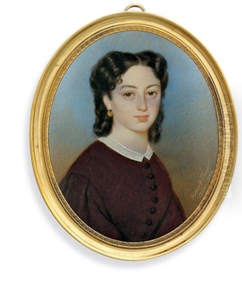 A Young Lady In Aubergine Dress With White Lace Collar - view 1
