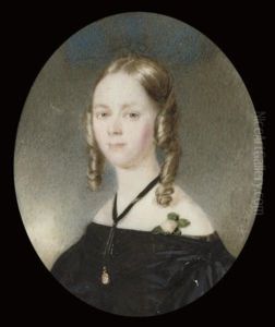 A Young Lady, In Off-the-shoulder Black Dress, A Pink Rose At Her Shoulder, Wearing A Cameo