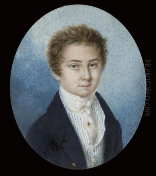 A Young Boy, In Open Blue Coat, Blue Striped White Waistcoat - view 1
