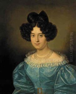 Portrait Of An Elegant Young Lady In A Blue Silk Dress With A Lace Collar