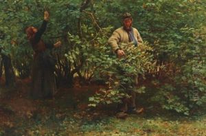 A Couple In The Woods Gathering Hazelnuts by Hans Michael Therkildsen