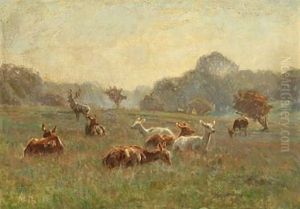 A Group Of Stags On An Early Morning In The Deer Park North Of Copenhagen by Hans Michael Therkildsen