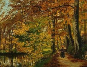 Autumn Forest With Woman On A Path Collecting Firewood by Hans Michael Therkildsen