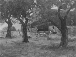 Sheep Grazing By The Barn by Carl Rudolph Theuerkauff