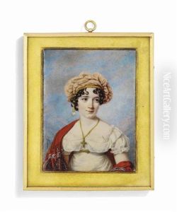 A Young Lady, In White Dress, Wearing Pink Turban And Red Cashmere Shawl, Gold Crucifix Around Her Neck by Lorenzo Theweneti