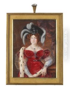 A Lady, Standing Before Drapery, Her Left Arm Supported By A Side Table And Wearing Crimson Dress With Blue And Sheer Bouffant Sleeves