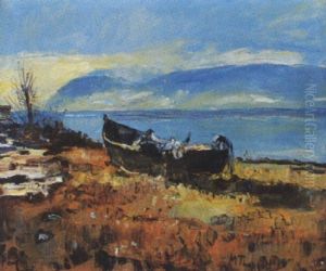 Seeufer Mit Aufgehender Sonne Und Ruderboot Seeufer Mit Aufgehender Sonne Und Ruderboot