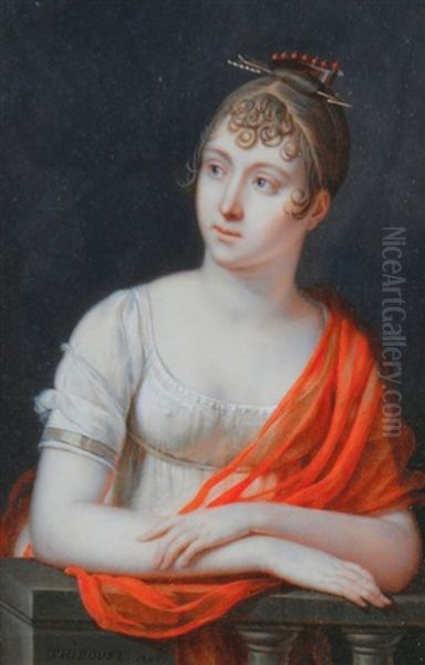 Portrait Of A Young Lady In French Empire Dress, Leaning On A Balcony - view 1