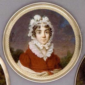 A Young Lady, In White Dress Dress With High Spotted Frilled Collar, Orange-red Coat, White Stole Draped Around Her Shoulders, White Flowers And Foliage In Her Lace Bonnet Tied Under Her Chin ... by Jean Pierre Thiboust
