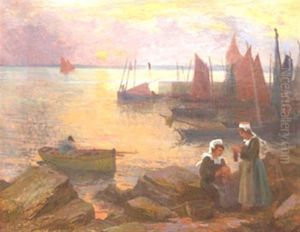 Dentellieres Devant La Mer Soleil Couchant