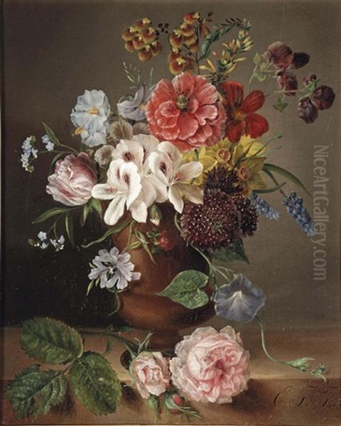 Roses, Peruvian Lilies, Daffodils, Grape Hyacinths, Lady's Purses, Forget-me-nots And Other Flowers In A Stoneware Vase With Pink Roses On A Ledge - view 1