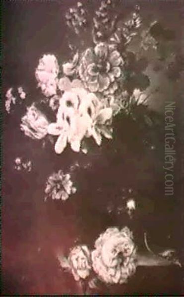 A Still Life With Flowers In Aterra Cotta Vase On A Ledge - view 1