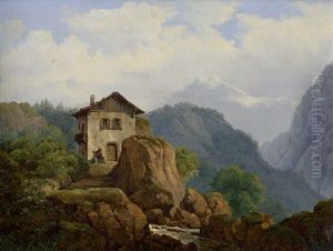 Alpenlandische Landschaft Mit Kleiner Berghutte by Franz Thiel