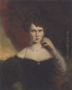 Portrait Of A Lady, Seated, In A Black Dress With Lace Trim, A Red Curtain And Landscape Beyond