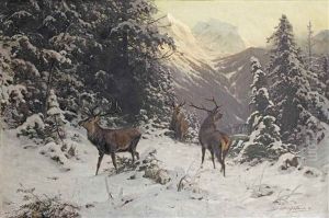 Falscher Wind, Hirsche Im Winter: Near Grossarl by Arthur Thiele