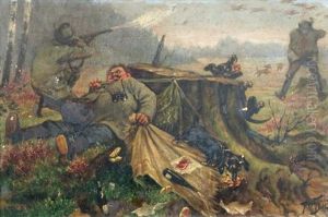 Satirical Prussian Hunting Scenes, With Dachshunds, Wine Bottles And Chaos; Sportsmen Resting Under A Tree (pair)