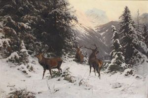 Falscher Wind - Hirsche Im Winter by Arthur Thiele