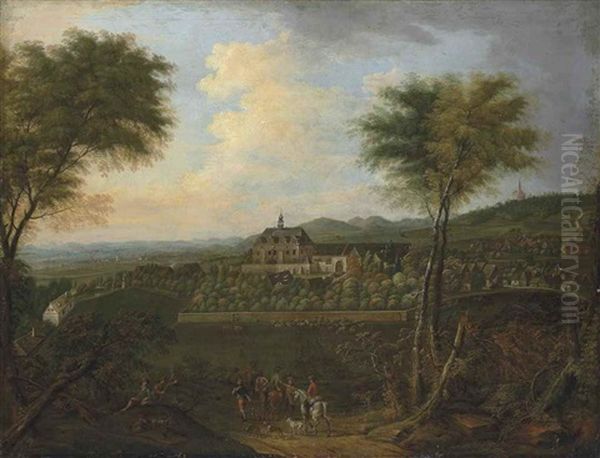 An Extensive Landscape With A Hawking Party Approaching A Walled Estate - view 1