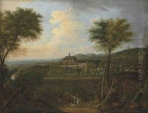 An Extensive Landscape With A Hawking Party Approaching A Walled Estate