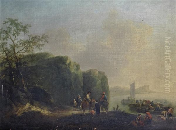 Figures On Horseback And Others Loading Barges Before A River - view 1