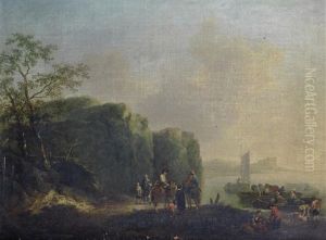 Figures On Horseback And Others Loading Barges Before A River by Johann Alexander Thiele