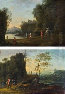 Sudliche Landschaft Mit Wanderern Und Ruine (+ Sudliche Landschaft Mit Wanderern, Weitem Ausblick Und Badenden; Pair) by Johann Alexander Thiele