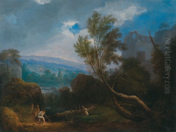 Flusslandschaft Mit Ruinen Und Holzfallern - view 1