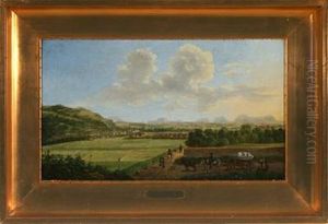 German Landscape Presumably From Konigstein (sachsen) With Horse Cart And Walking Figures