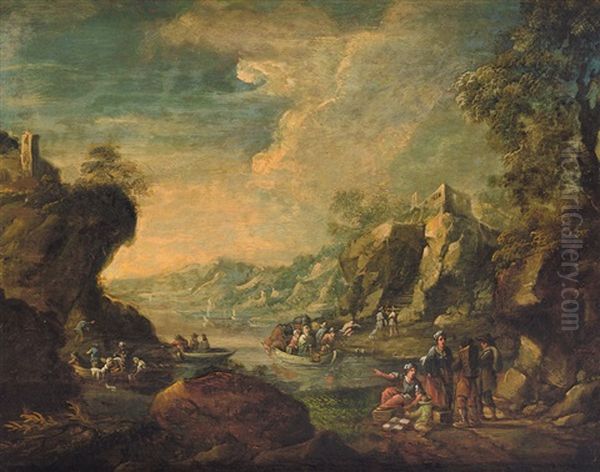 Flusslandschaft Mit Kauffahrteiszenen, Ubersetzenden Booten Und Burghugeln - view 1