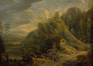 Malerische Flusslandschaft Mit Ruinenhugel, Alter Muhle Und Zahlreicher Figurenstaffage