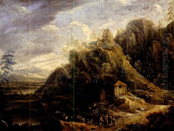 Flusslandschaft Mit Ruinenhugel, Alter Muhle Und Zahlreicher Figurenstaffage - view 1