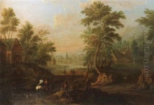 Landschaft Mit Reitern Und Einer Stadt Im Hintergrund