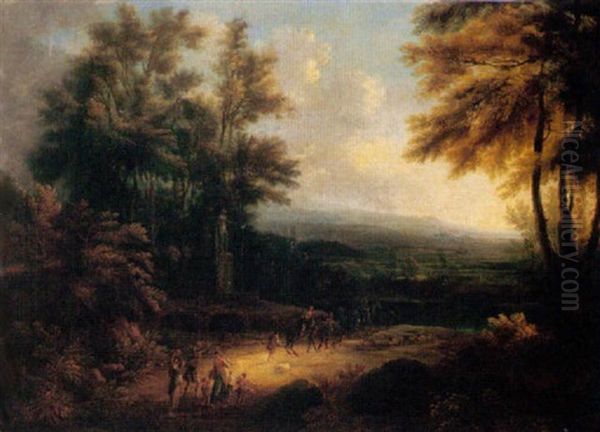 A Wooded Landscape With A Band Of Travellers On A Track Before A Fountain - view 1