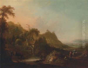 An Extensive Landscape With A Horseman And A Traveller By A Millpond by Johann Friedrich Thiele