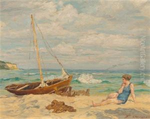 Badende Am Strand Mit Segelboot by Alfred Rudolph Thielemann