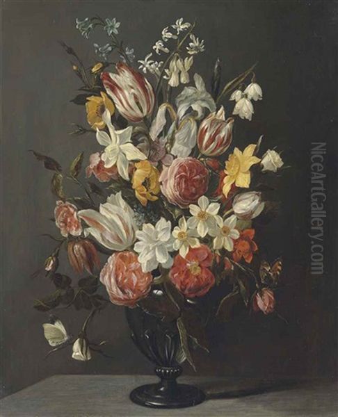 Flowers In A Glass Vase On A Ledge - view 1