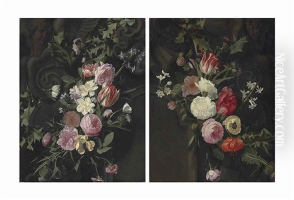 Roses, Parrot Tulips, Thistles, Holly And Other Flowers With A Brimstone Butterfly On A Cartouche With A Sculpted (+ Another, Similar; Pair) - view 1