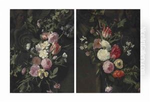 Roses, Parrot Tulips, Thistles, Holly And Other Flowers With A Brimstone Butterfly On A Cartouche With A Sculpted (+ Another, Similar; Pair) by Jan Philip van Thielen