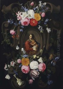 A Stone Cartouche With Mary And Child Surrounded By Floral Garlands And Butterflies