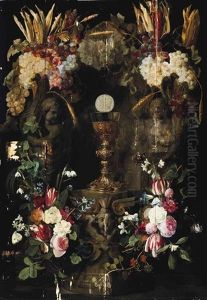 Garlands Of Roses, Tulips, Narcissi, Snowdrops, Hyacinths And Convolvulus, With Grapes, Ears Of Corn And Heads Of Maize Above, Surrounding The Host... Garlands Of Roses, Tulips, Narcissi, Snowdrops, Hyacinths And Convolvulus, With Grapes, Ears Of Corn And Heads Of Maize Above, Surrounding The Host...