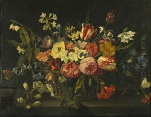 Still Life Of Flowers In A Basket by Jan Philip van Thielen