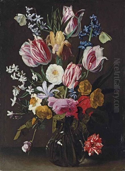 Tulips, Daffodils, Irises And Roses In A Glass Vase With Butterflies And Other Insects On A Ledge - view 1