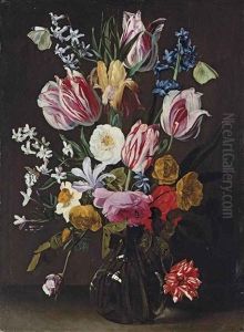 Tulips, Daffodils, Irises And Roses In A Glass Vase With Butterflies And Other Insects On A Ledge by Jan Philip van Thielen